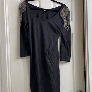 H&M Beaded Detail Cotton Gray Long Sleeve Dress